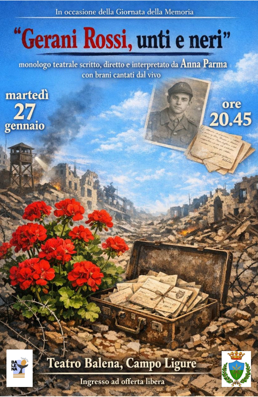 Al momento stai visualizzando Anna Parma Gerani Rossi, unti e neri  Monologo teatrale scritto diretto e interpretato da ANNA PARMA  con canti dal vivo